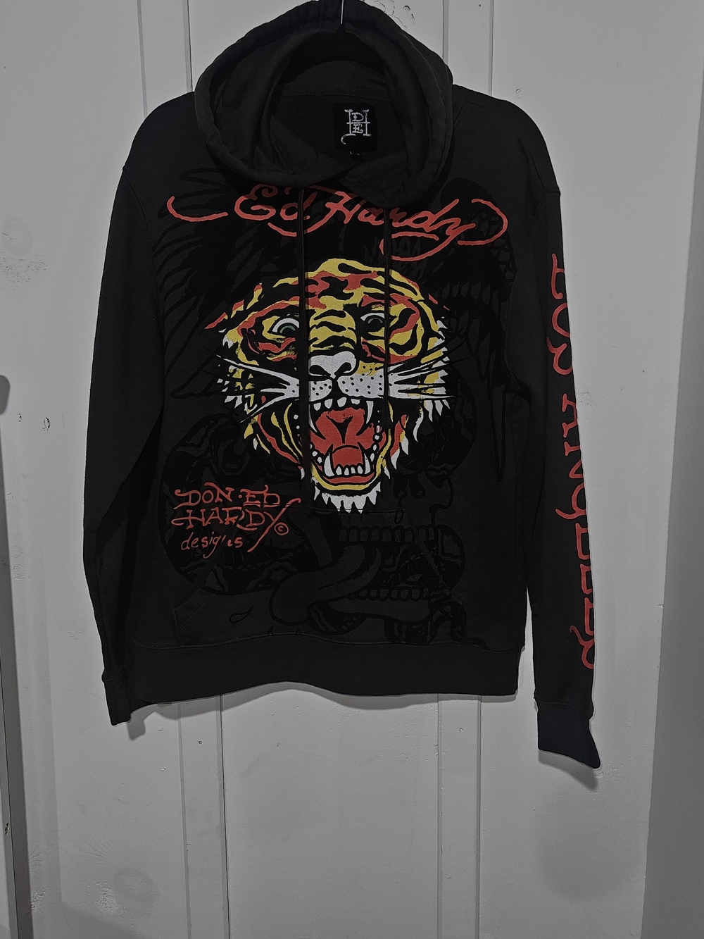 Ed Hardy Black Hoodie with Yellow & Red Tiger Graphic